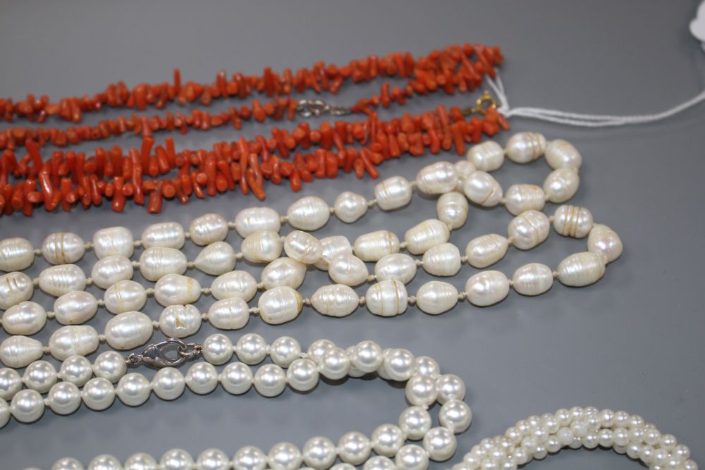 Two coral stick bead necklaces, a freshwater pearl necklace and three other costume necklaces,